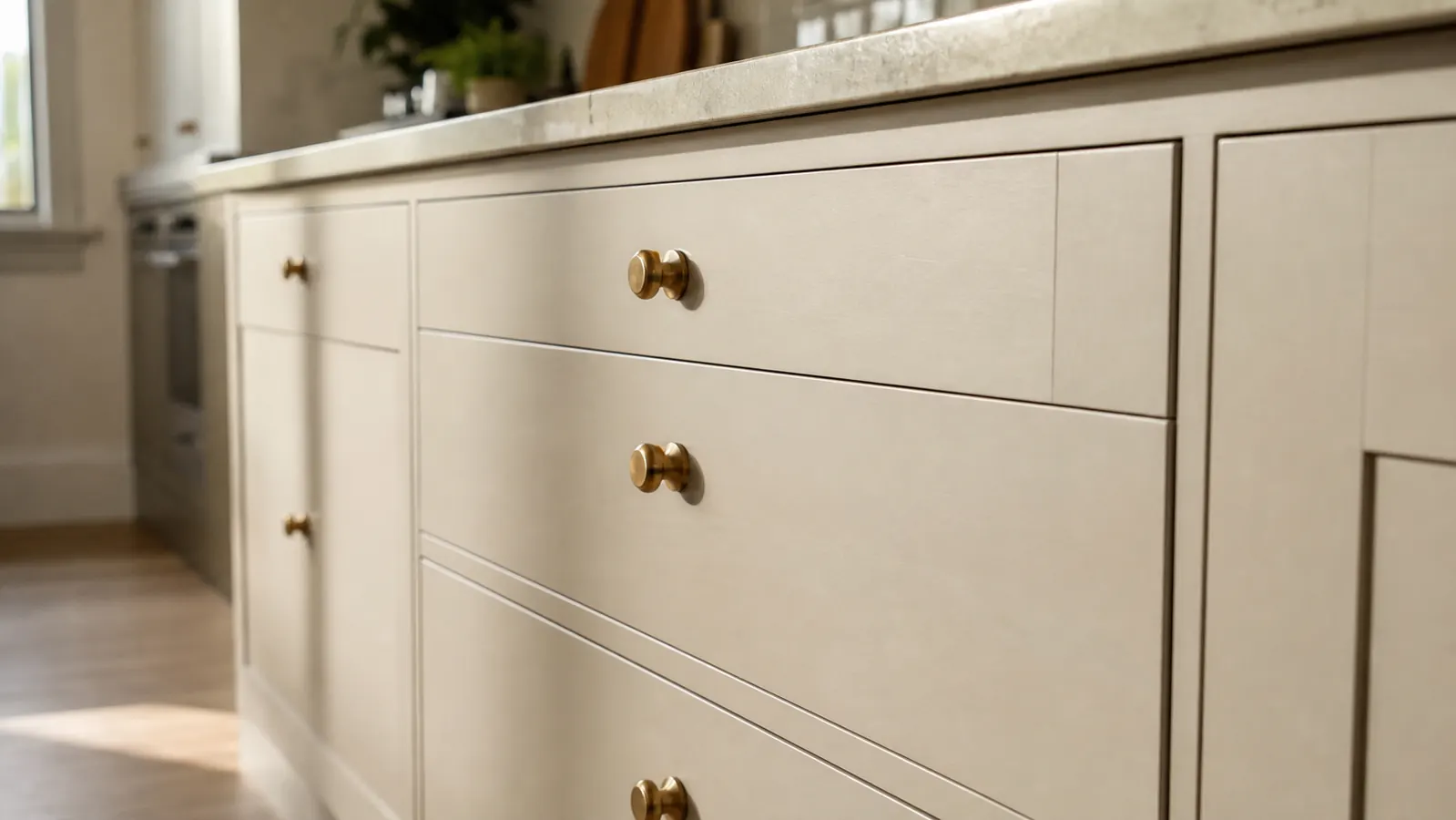Kitchen drawer closing flush and flat with no gap, viewed from a low angle at counter height