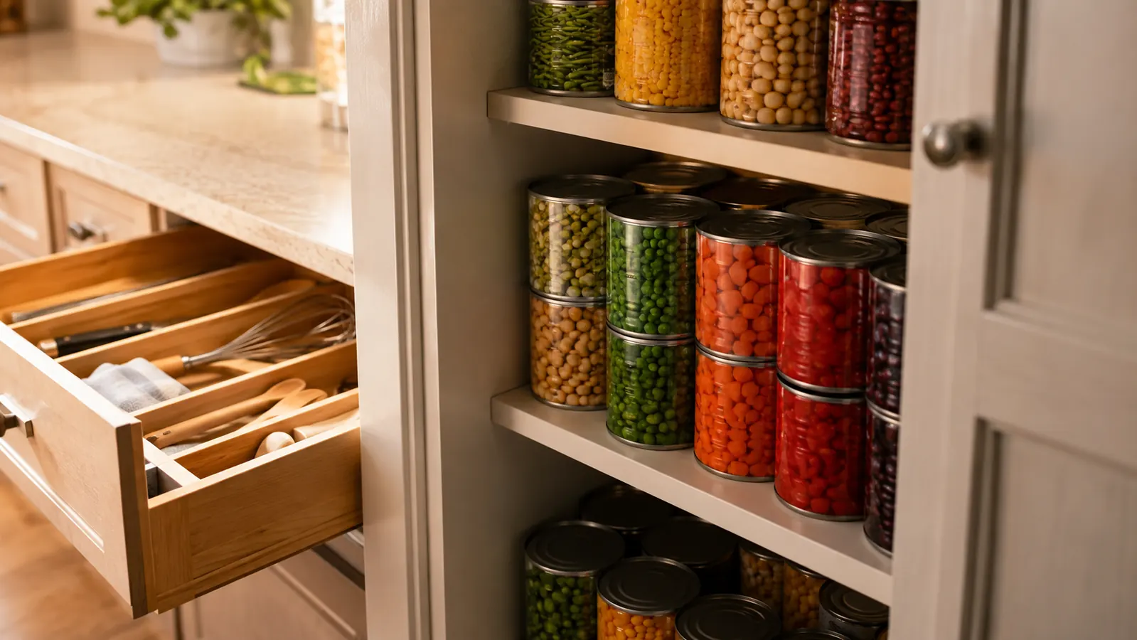 A pantry shelf with canned goods stacked neatly, uncluttered kitchen drawer beside it