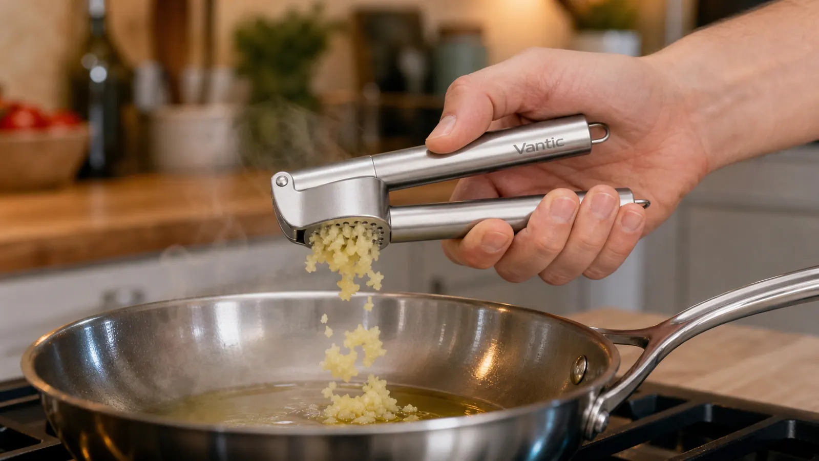 Hand squeezing the garlic press rocker over a hot skillet, crushed garlic falling into oil
