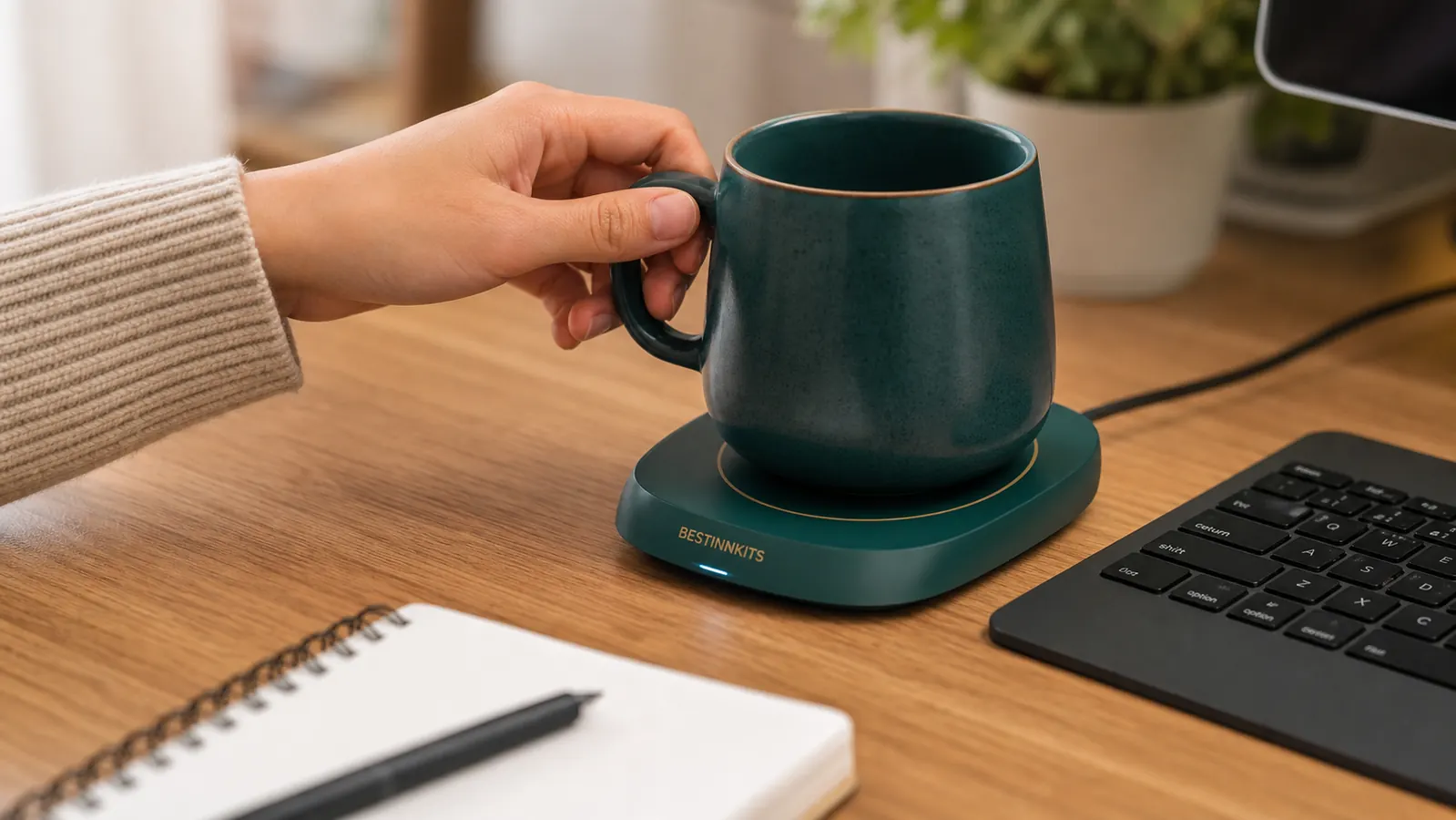 A hand setting a mug down onto the mug warmer plate next to a keyboard