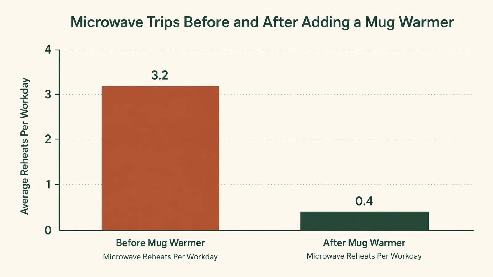 Bar chart comparing microwave trips per workday before and after using a mug warmer, dropping from 3.2 to 0.4