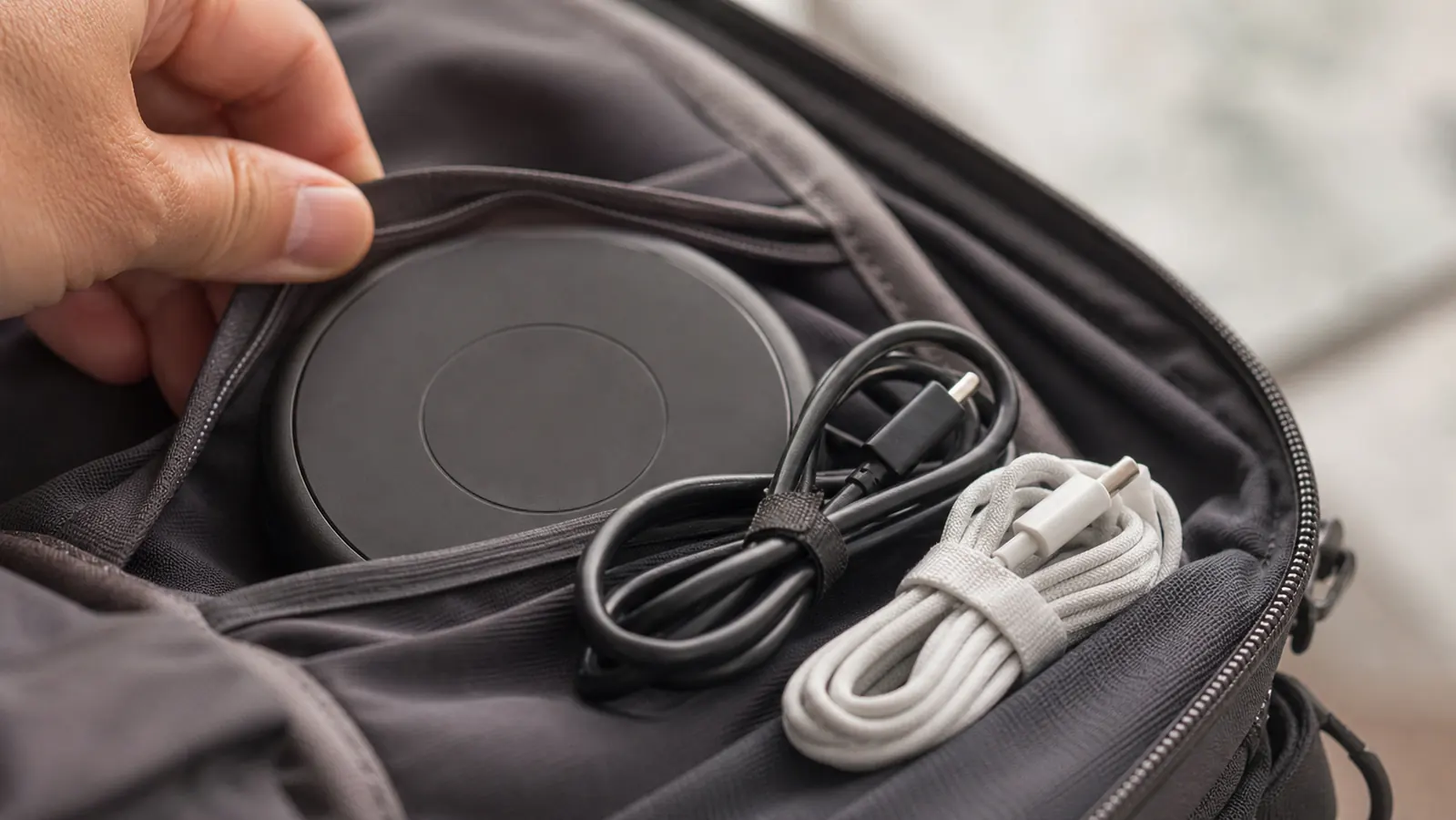 A mug warmer plate packed into a small travel bag pocket next to a folded charging cable
