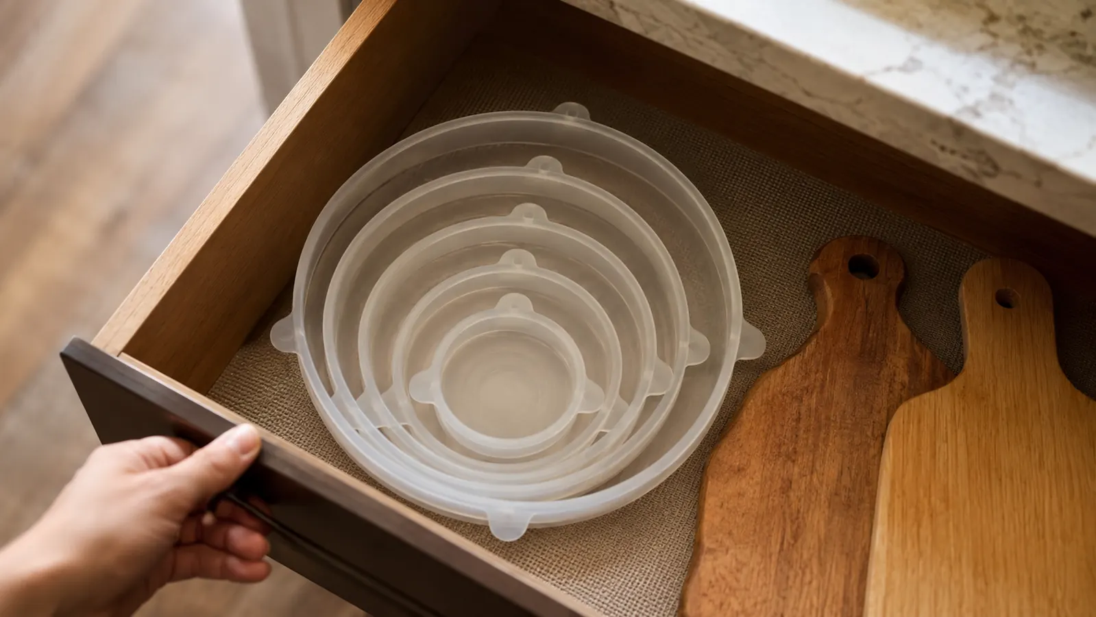 A shallow kitchen drawer with nested silicone lids of different sizes and colors stored next to cutting boards