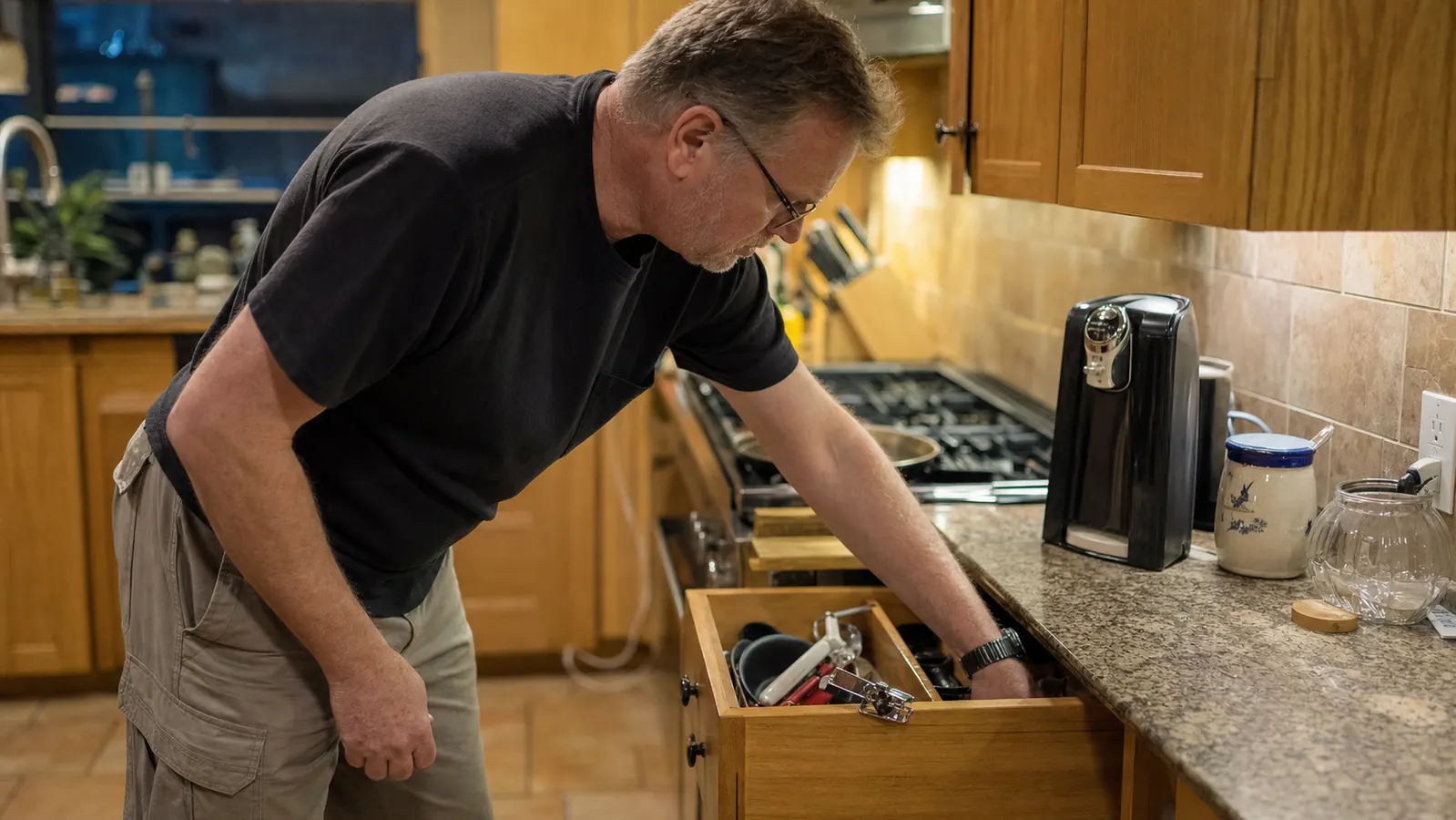 A man reaching for a manual can opener in a kitchen drawer while an electric can opener sits on the counter behind him