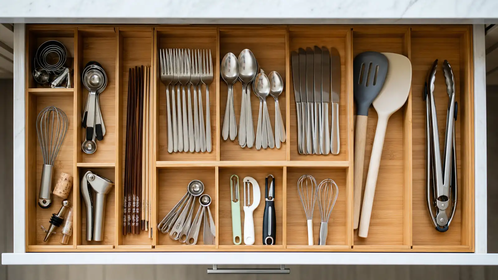 Fully organized kitchen drawer viewed from above with bamboo dividers holding cooking utensils sorted by type
