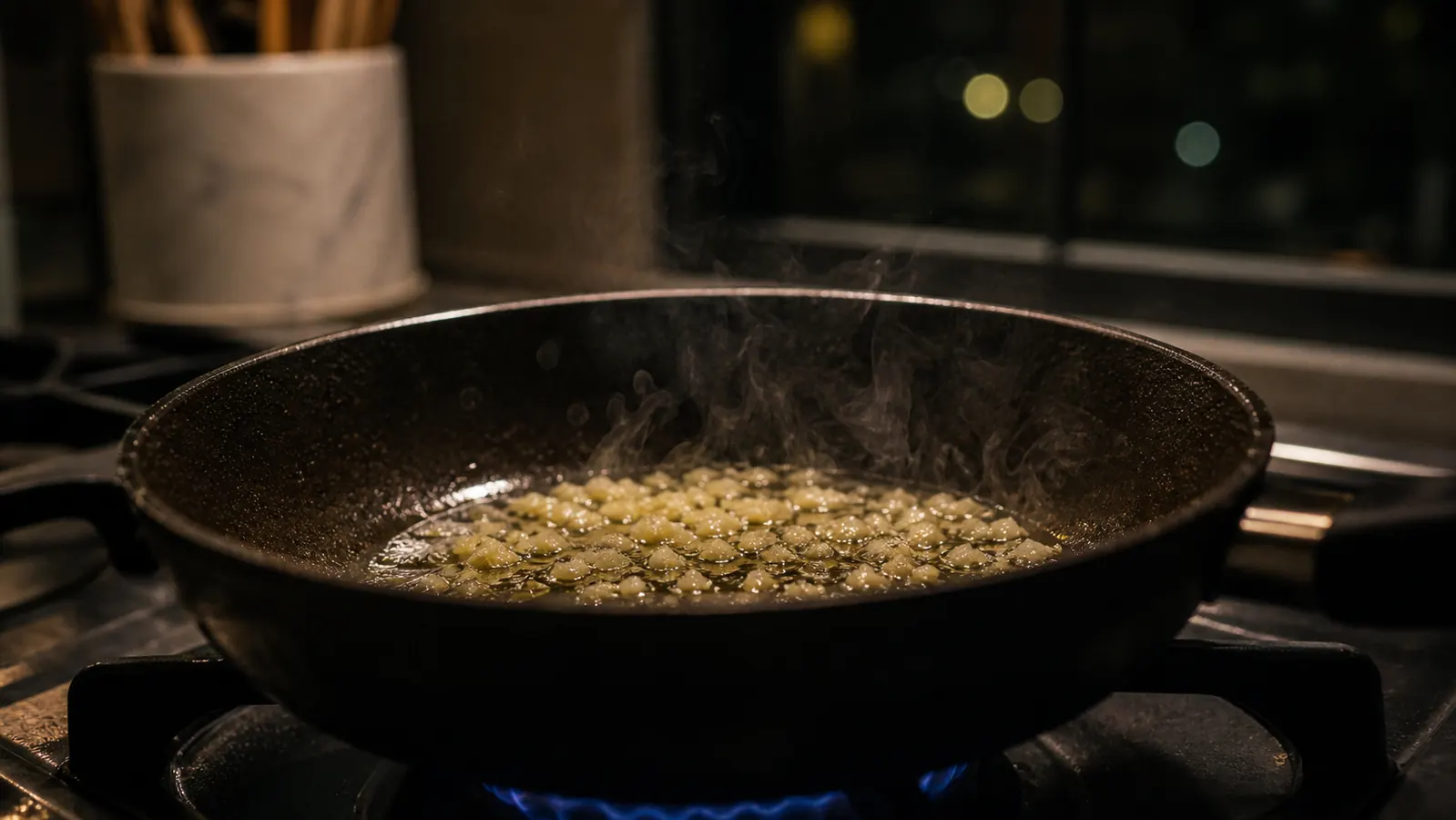 Garlic sizzling in a small skillet on a stovetop at night, steam rising, kitchen window dark behind it