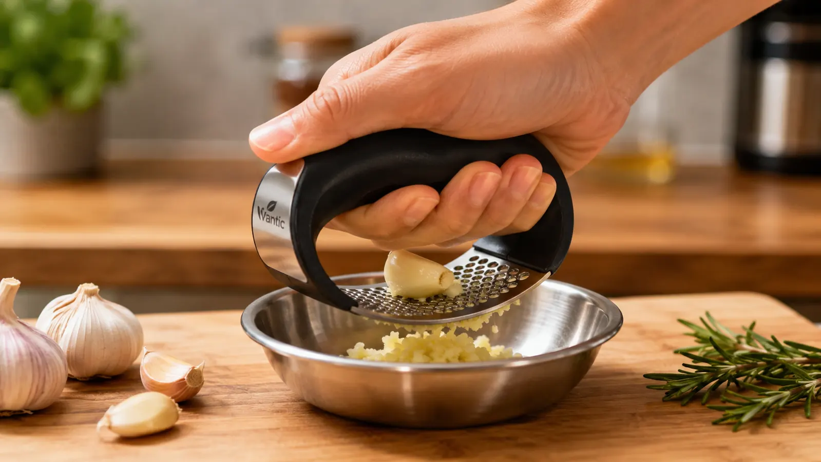 Hand pressing a garlic clove in the stainless steel rocker press over a small stainless bowl