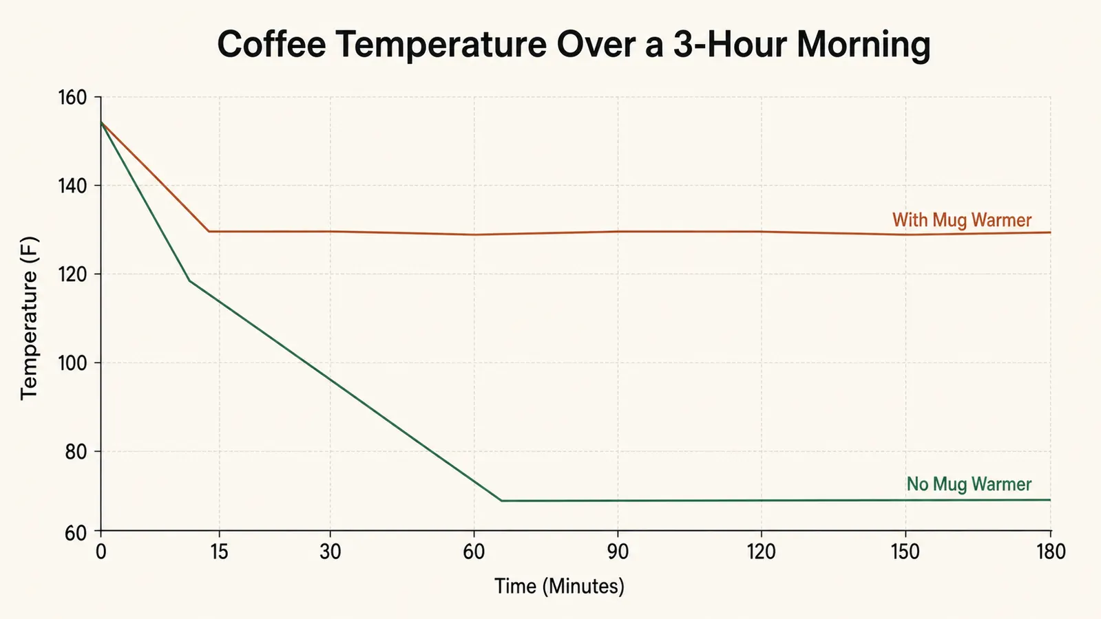 Line chart comparing coffee temperature over 3 hours on a desk with a mug warmer versus without one