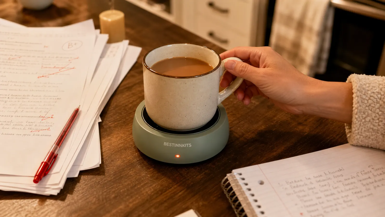 A hand setting a ceramic mug of tea onto the mug warmer plate next to a stack of graded essays