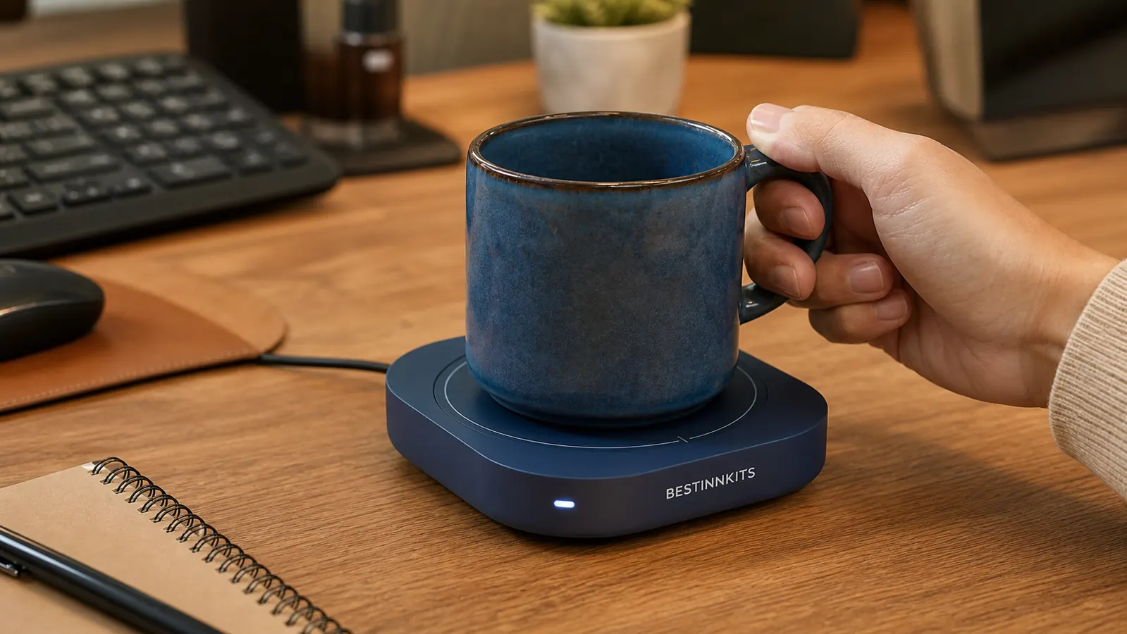A hand setting a stoneware mug onto the mug warmer plate on a desk, indicator light glowing near the base