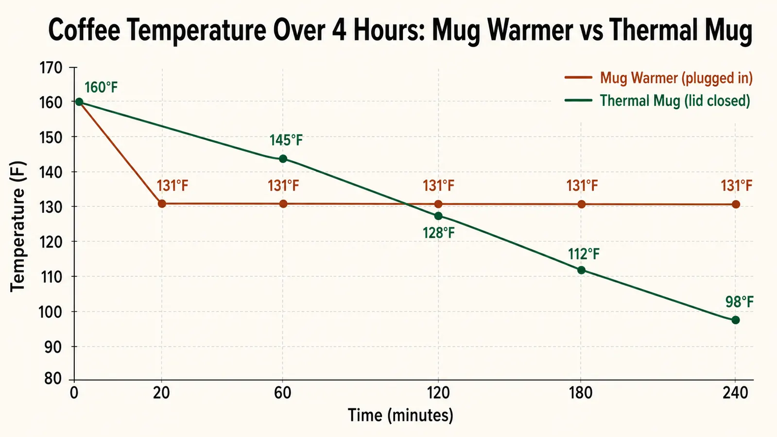 Line chart comparing coffee temperature over 4 hours on a mug warmer versus inside a closed thermal travel mug