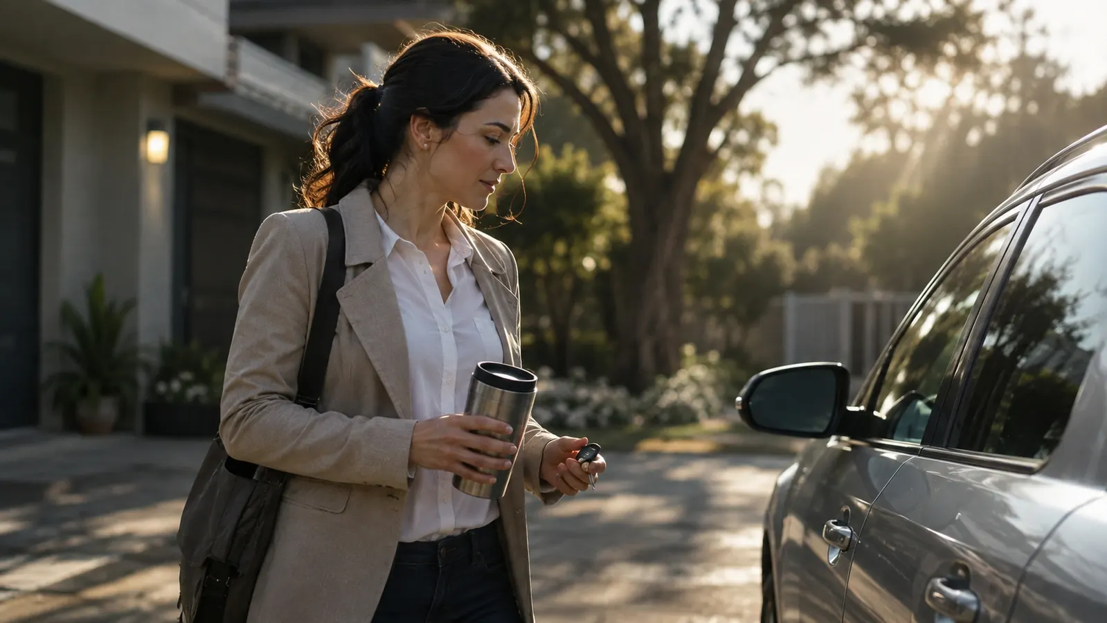 A person walking to a car in early morning light holding a closed stainless steel thermal travel mug